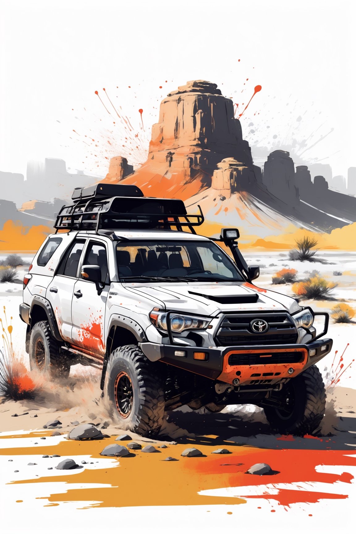 Centered image, bits of color, hand drawn, realistic sketch, Rough sketch, bold lines, splash art, Artwork design, white background, offroad vehicle Toyota samurai, desert, sunrise, flat illustration, high contrast, vibrant vector, vector image, 8k,dripping paint