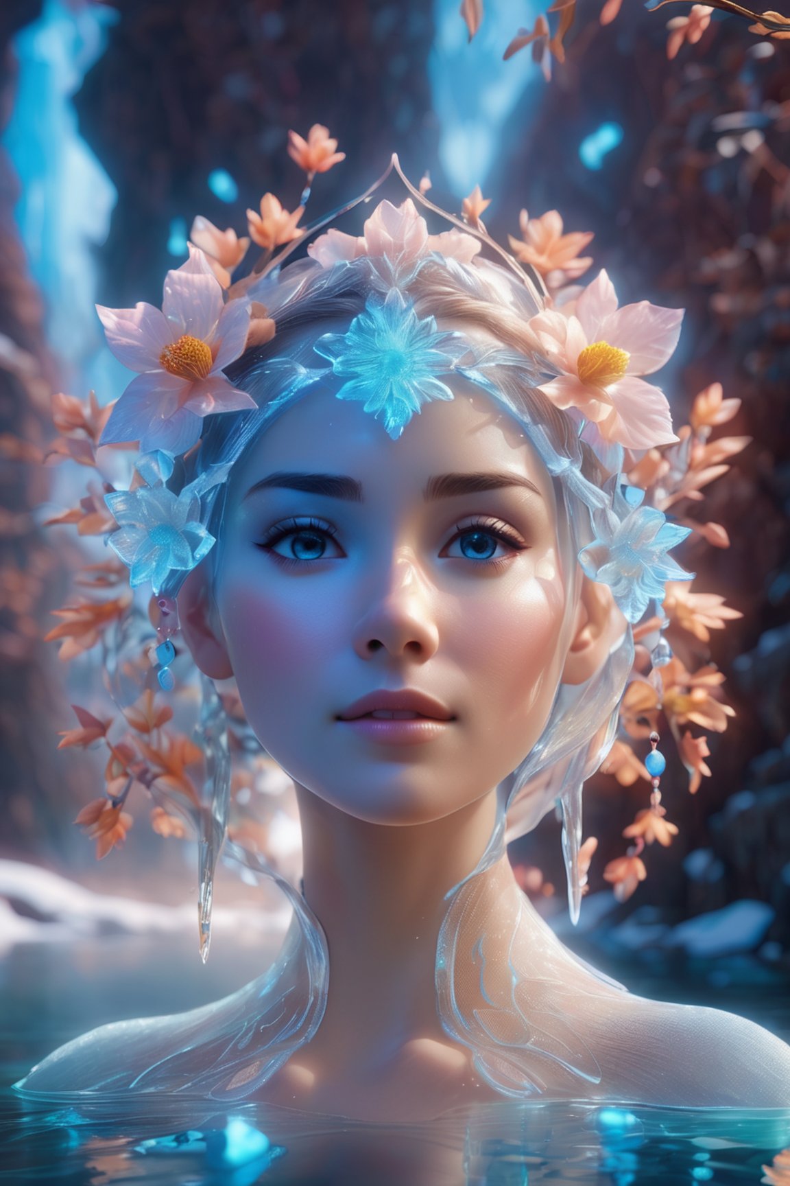 the frozen, woman water body, nature, subsurface scattering, transparent, translucent skin, glow, bloom, Bioluminescent liquid,3d style,cyborg style,Movie Still,Leonardo Style, warm color, vibrant, volumetric light,dfdd,Xxmix_Catecat,xxmix_girl,3d