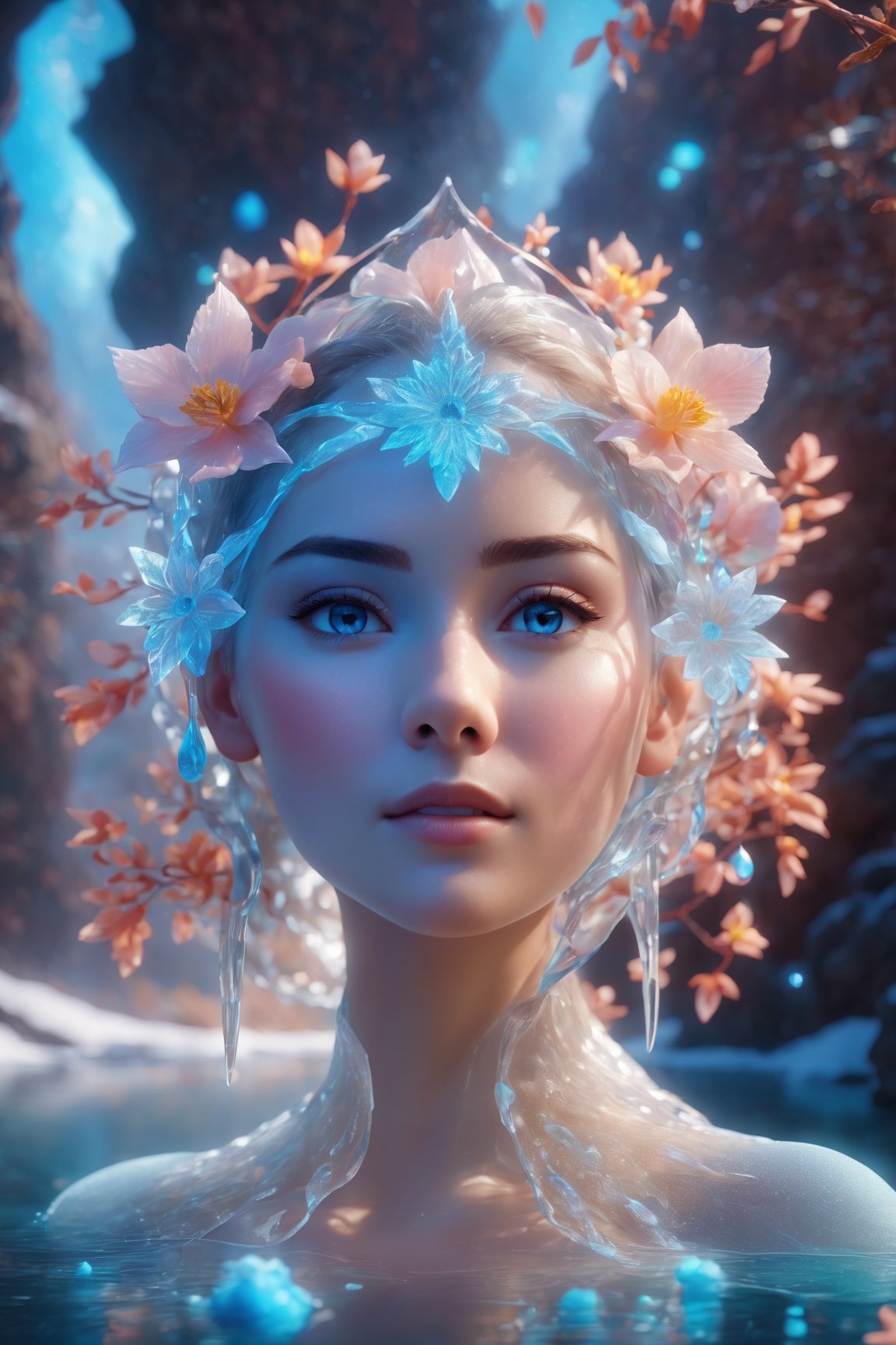 the frozen, woman water body, nature, subsurface scattering, transparent, translucent skin, glow, bloom, Bioluminescent liquid,3d style,cyborg style,Movie Still,Leonardo Style, warm color, vibrant, volumetric light,dfdd,Xxmix_Catecat,xxmix_girl,3d