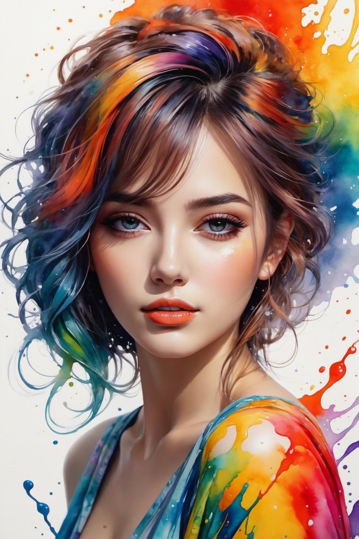 Colorful beautiful woman, a woman 18-years old, multiple color messy hair, watercolor, nice perfect face, multiple colors, intricate detail, splash screen, 8k resolution, masterpiece, cute face,art station digital painting smooth veryBlack ink flow, 8k resolution photorealistic masterpiece, intricately detailed fluid gouache painting, calligraphy, acrylic, watercolor art, professional photography, natural lighting, volumetric lighting maximalist, complex, elegant, expansive, fantastical,dfdd,Xxmix_Catecat,dripping paint,2d_animated