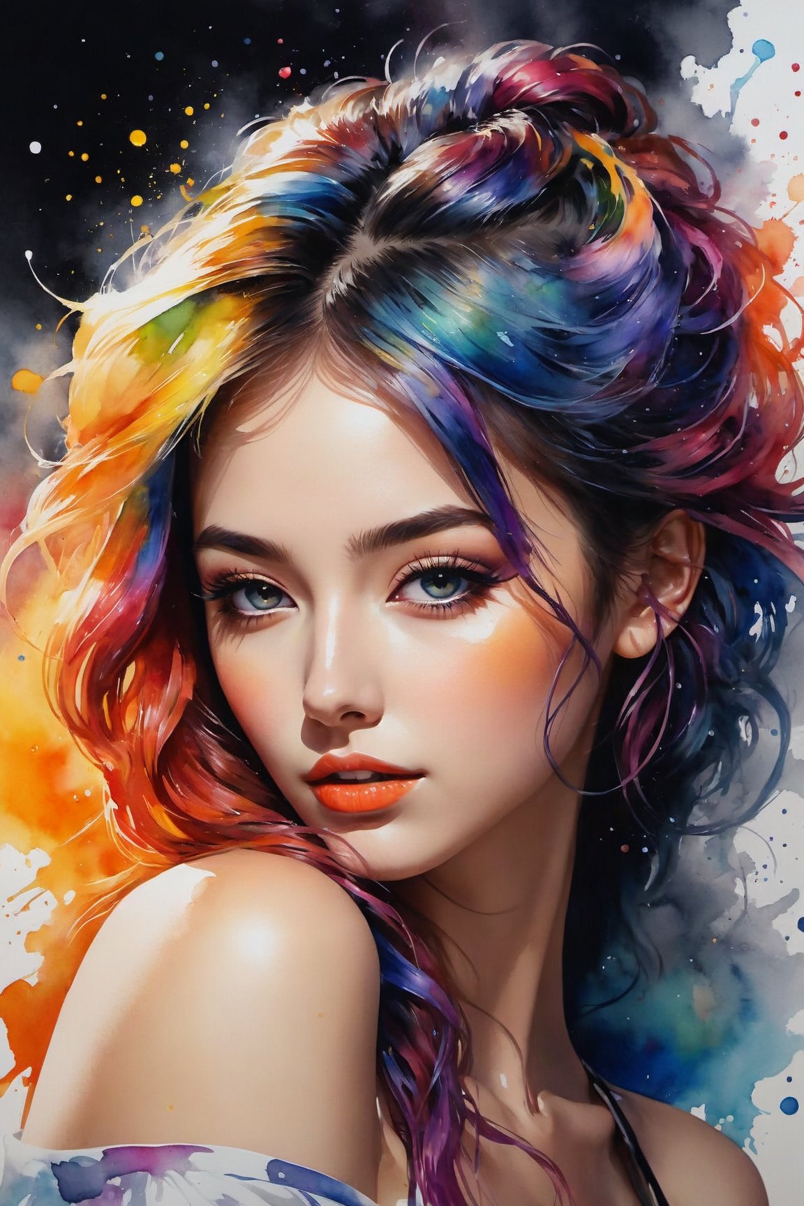 Colorful beautiful woman, a woman 18-years old, multiple color messy hair, watercolor, nice perfect face, multiple colors, intricate detail, splash screen, 8k resolution, masterpiece, cute face,art station digital painting smooth veryBlack ink flow, 8k resolution photorealistic masterpiece, intricately detailed fluid gouache painting, calligraphy, acrylic, watercolor art, professional photography, natural lighting, volumetric lighting maximalist, complex, elegant, expansive, fantastical,dfdd,Xxmix_Catecat