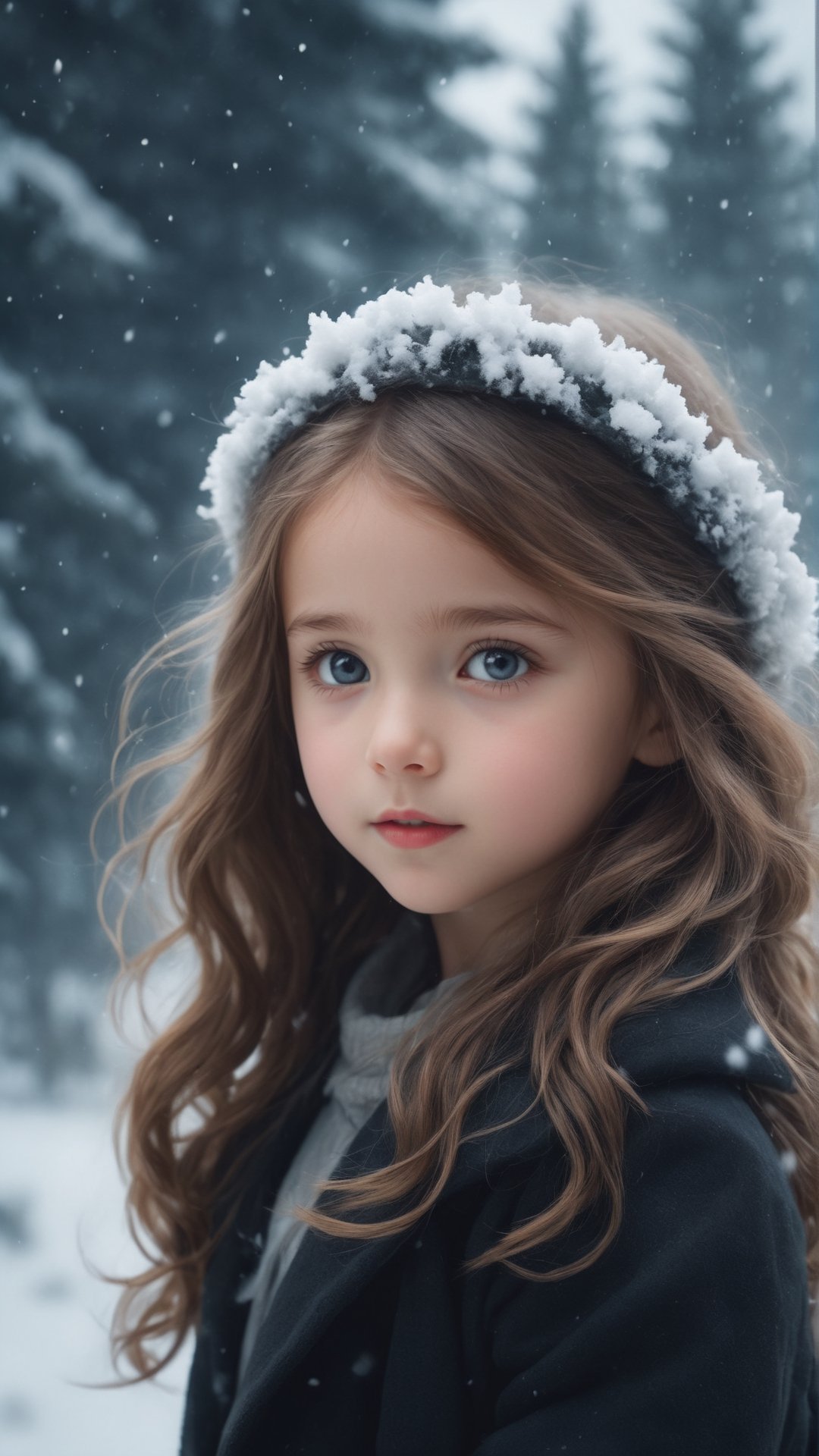 (fantasy style, portrait of shy petite little girl, close up, extremely beautiful, long wavy hairstyle, pretty grey eyes, wearing black winter coat), cold atmosphere, winter themed, snow, Style-Winter, pine trees, dark storm clouds, fluffy clouds in the background, unreal engine, (masterpiece, Intricate, epic detailes, Sharp focus, dramatic, surreal oil painting)
,Xxmix_Catecat