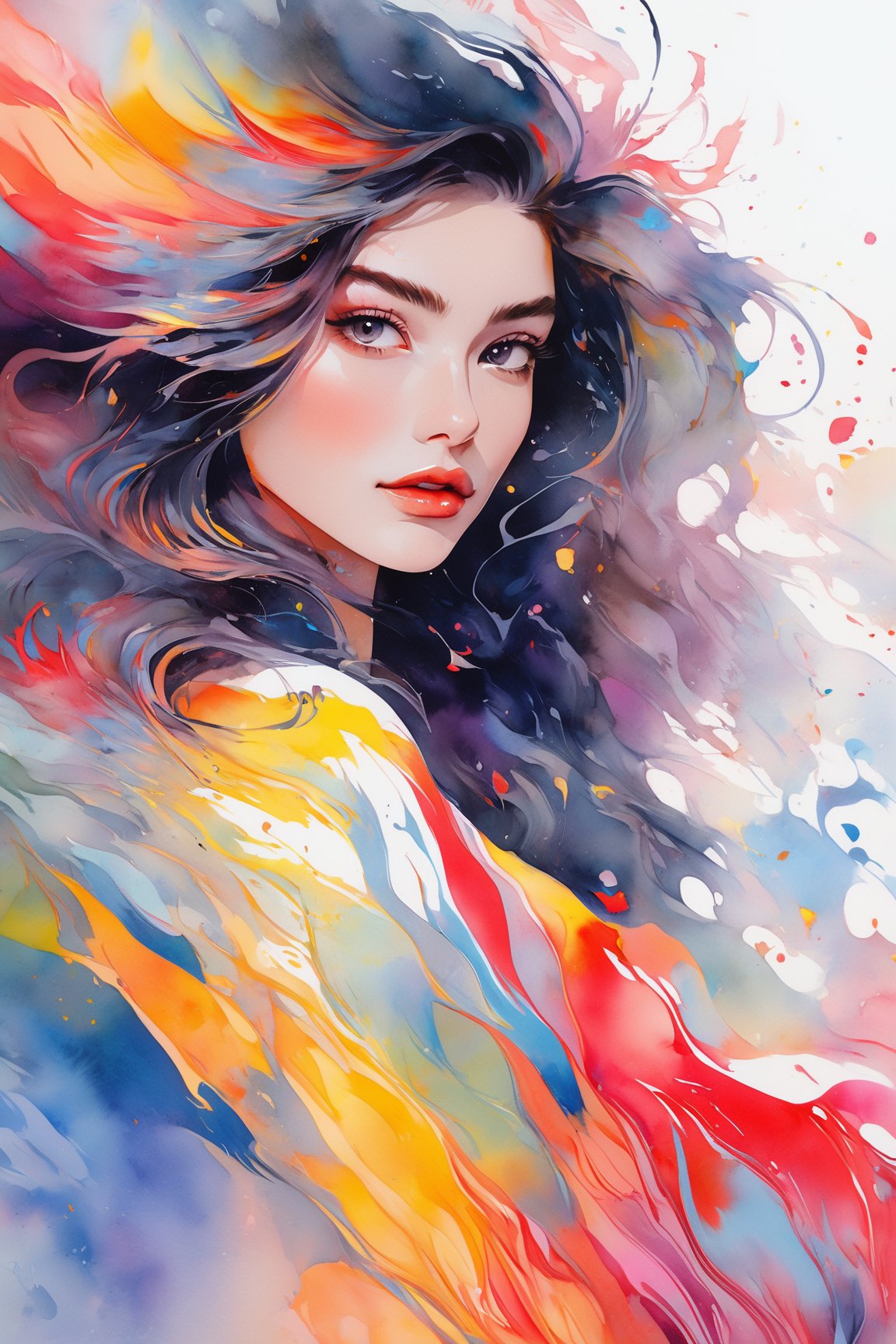 Colorful beautiful woman, a woman 18-years old, multiple color messy hair, watercolor, nice perfect face, multiple colors, intricate detail, splash screen, 8k resolution, masterpiece, cute face,art station digital painting smooth veryBlack ink flow, 8k resolution photorealistic masterpiece, intricately detailed fluid gouache painting, calligraphy, acrylic, watercolor art, professional photography, natural lighting, volumetric lighting maximalist, complex, elegant, expansive, fantastical,dfdd,Xxmix_Catecat,dripping paint,