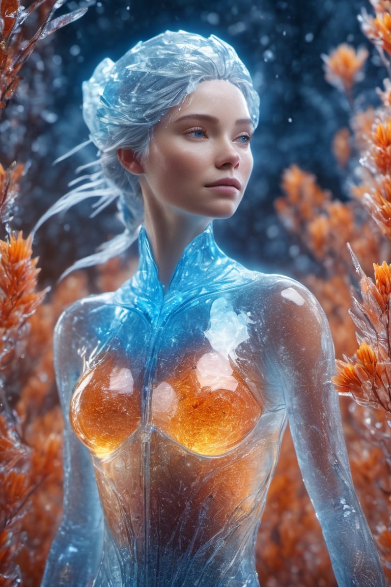 the frozen woman body, full body, nature, subsurface scattering, transparent, translucent skin, glow, bloom, Bioluminescent liquid,3d style,cyborg style,Movie Still,Leonardo Style, warm color, vibrant, volumetric light