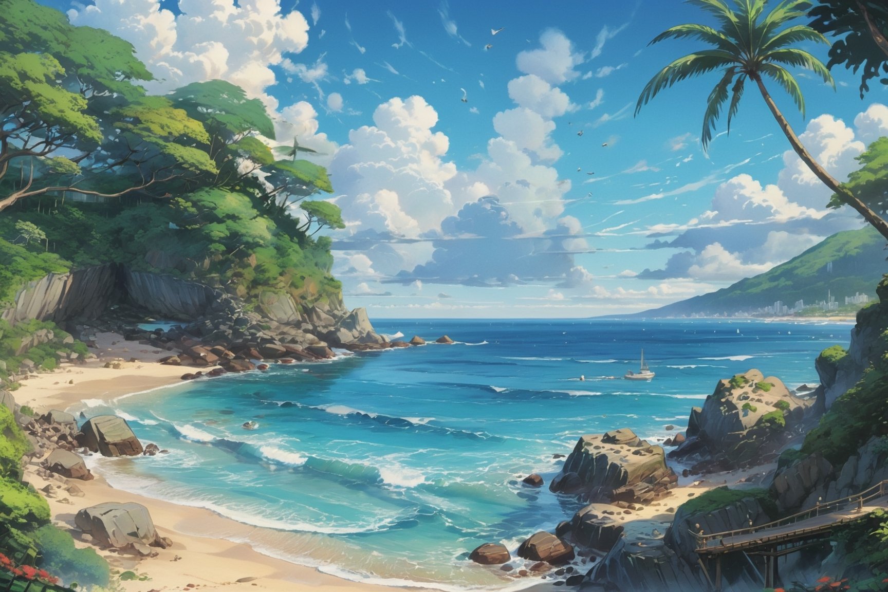 painting of beach, tropical, bright, anime background art, relaxing concept art, anime scenery concept art, immensely detailed scene, a beautiful artwork illustration, detailed scenery, studio ghibli environment, environment design illustration, highly detailed scene, beautiful anime scene, anime scenery, detailed soft painting, ghibli studio style, environment painting,EpicSky,