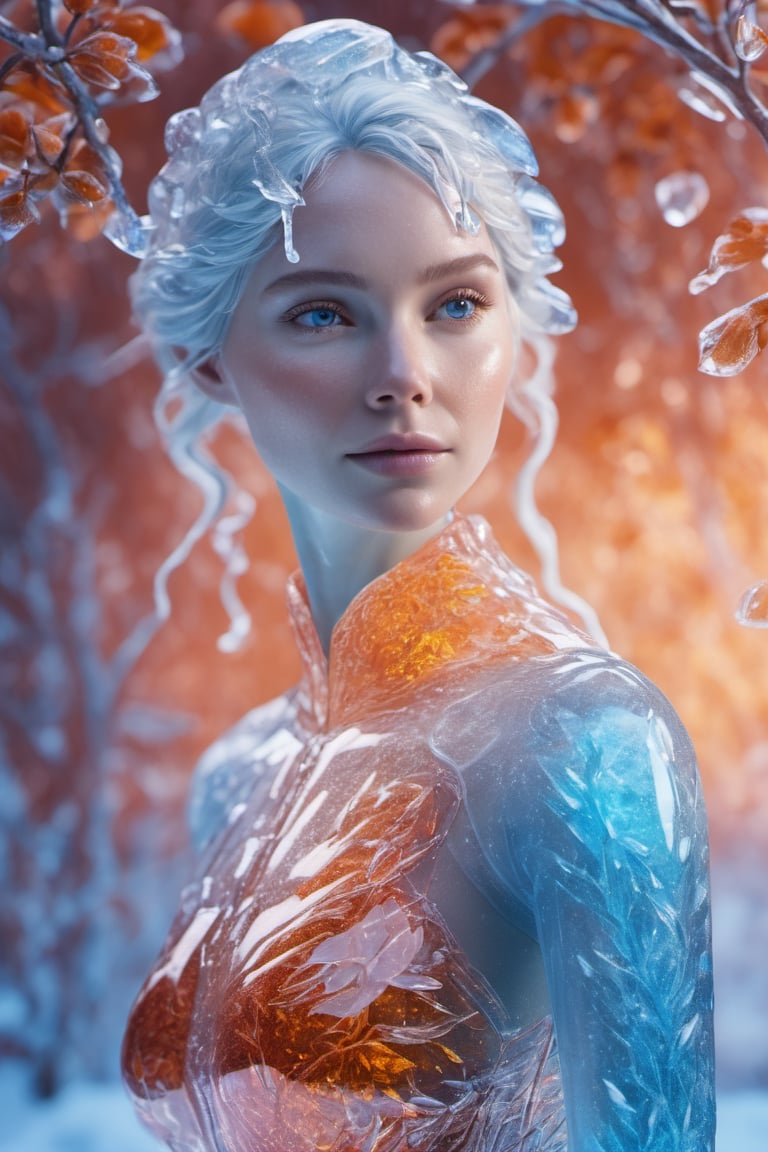 the frozen woman body, full body, nature, subsurface scattering, transparent, translucent skin, glow, bloom, Bioluminescent liquid,3d style,cyborg style,Movie Still,Leonardo Style, warm color, vibrant, volumetric light