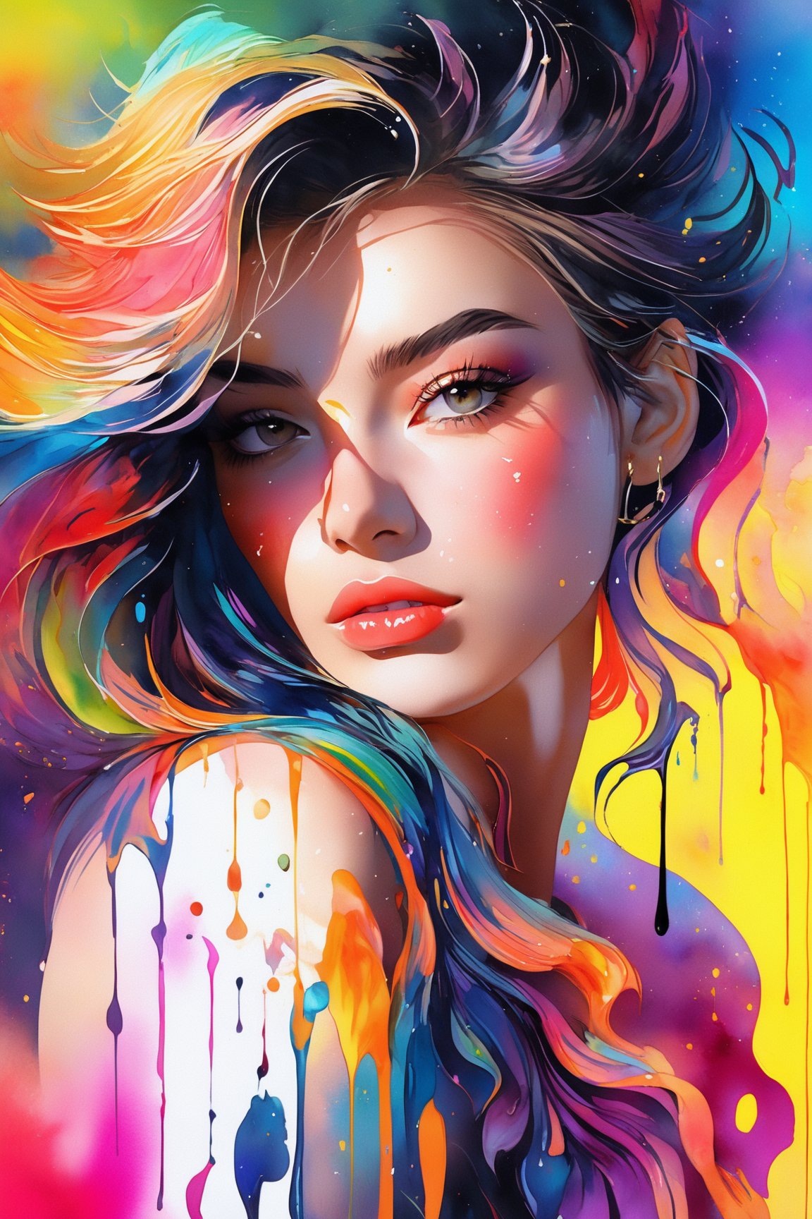 Colorful beautiful woman, a woman 18-years old, multiple color messy hair, watercolor, nice perfect face, multiple colors, intricate detail, splash screen, 8k resolution, masterpiece, cute face,art station digital painting smooth veryBlack ink flow, 8k resolution photorealistic masterpiece, intricately detailed fluid gouache painting, calligraphy, acrylic, watercolor art, professional photography, natural lighting, volumetric lighting maximalist, complex, elegant, expansive, fantastical,dfdd,Xxmix_Catecat,dripping paint,