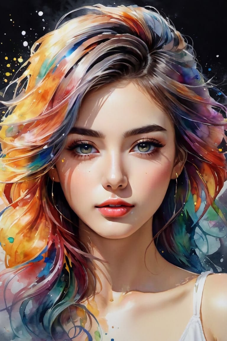 Colorful beautiful woman, a woman 18-years old, multiple color messy hair, watercolor, nice perfect face, multiple colors, intricate detail, splash screen, 8k resolution, masterpiece, cute face,art station digital painting smooth veryBlack ink flow, 8k resolution photorealistic masterpiece, intricately detailed fluid gouache painting, calligraphy, acrylic, watercolor art, professional photography, natural lighting, volumetric lighting maximalist, complex, elegant, expansive, fantastical