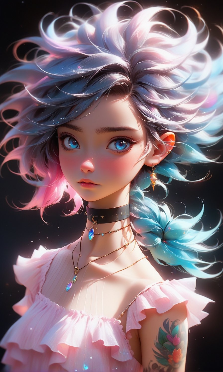 Portrait of 1 girl in a mid shot,featuring blue eyes,colored skin,facial mark,sporting a hair ornament,adorned with a choker and a tattoo,short hair with long strands cascading down,all set against a stark black background, digital painting,ultra fine,cinematic,golden ratio,High detailed,Disney pixar style,Dragon,crystalz,Extremely Realistic,ice and water