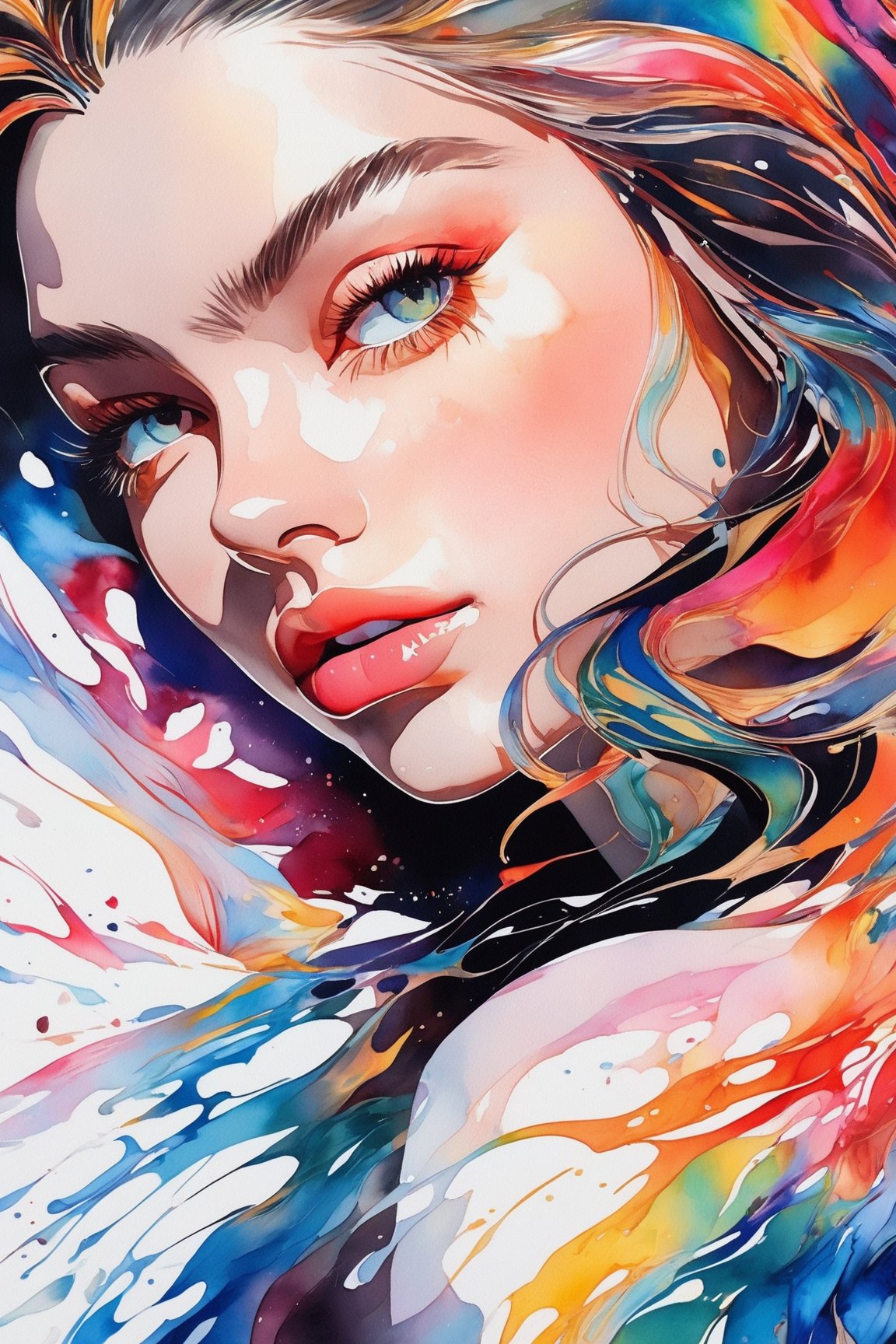 Colorful beautiful woman, a woman 18-years old, multiple color messy hair, watercolor, nice perfect face, multiple colors, intricate detail, splash screen, 8k resolution, masterpiece, cute face,art station digital painting smooth veryBlack ink flow, 8k resolution photorealistic masterpiece, intricately detailed fluid gouache painting, calligraphy, acrylic, watercolor art, professional photography, natural lighting, volumetric lighting maximalist, complex, elegant, expansive, fantastical,dfdd,Xxmix_Catecat,dripping paint,