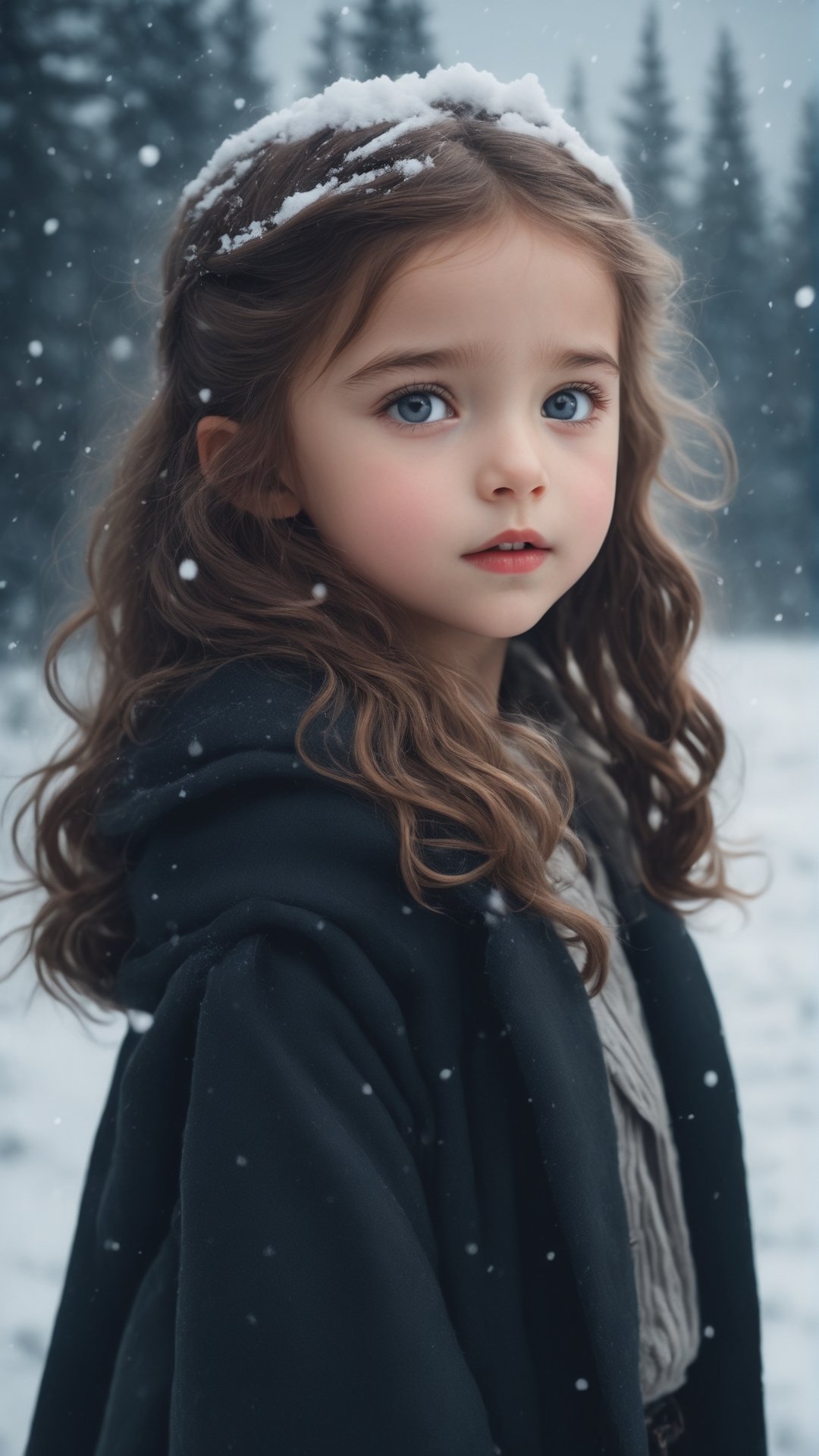 (fantasy style, portrait of shy petite little girl, close up, extremely beautiful, long wavy hairstyle, pretty grey eyes, wearing black winter coat), cold atmosphere, winter themed, snow, Style-Winter, pine trees, dark storm clouds, fluffy clouds in the background, unreal engine, (masterpiece, Intricate, epic detailes, Sharp focus, dramatic, surreal oil painting)
,Xxmix_Catecat