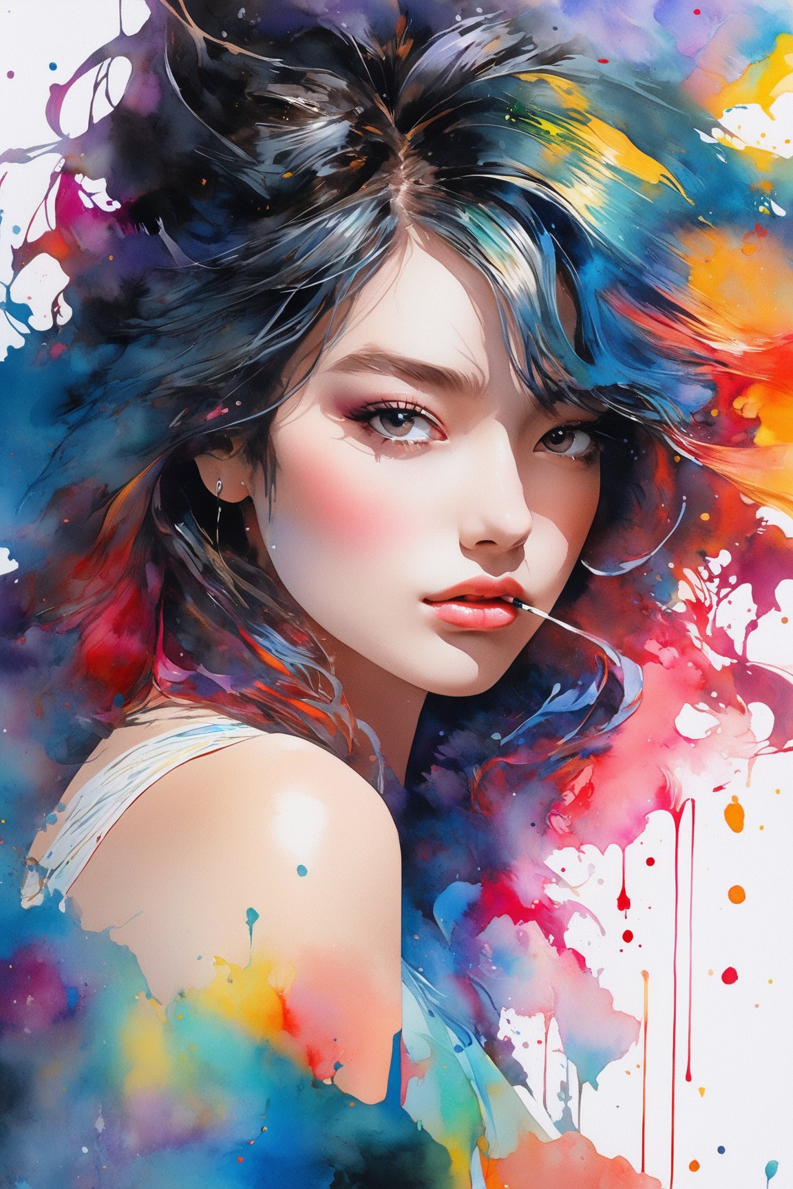 Colorful beautiful woman, a woman 18-years old, multiple color messy hair, watercolor, nice perfect face, multiple colors, intricate detail, splash screen, 8k resolution, masterpiece, cute face,art station digital painting smooth veryBlack ink flow, 8k resolution photorealistic masterpiece, intricately detailed fluid gouache painting, calligraphy, acrylic, watercolor art, professional photography, natural lighting, volumetric lighting maximalist, complex, elegant, expansive, fantastical,dfdd,Xxmix_Catecat,dripping paint,