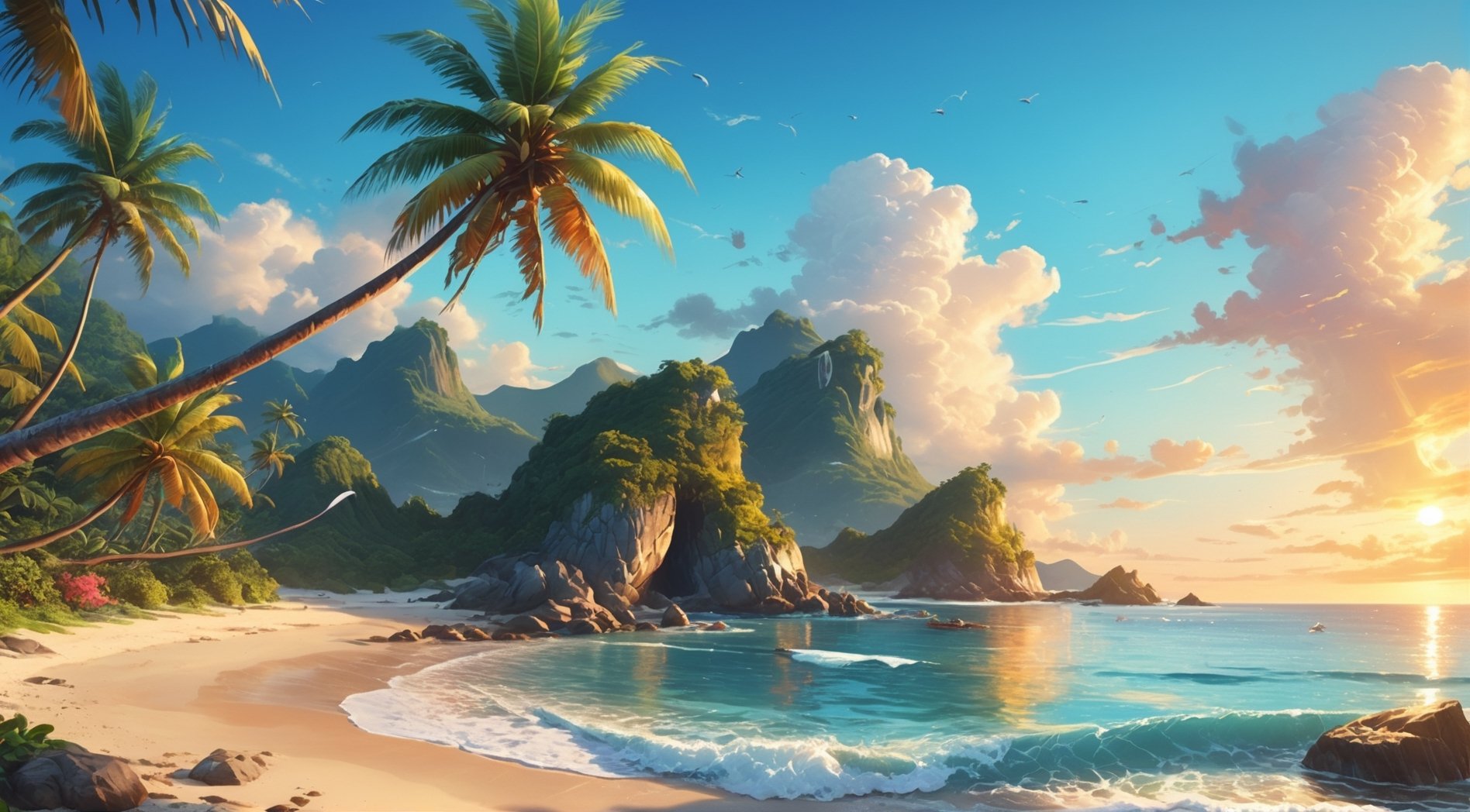 (fulldetail), (4k), 8k,beach, tropical, bright,background art, relaxing concept art, immensely detailed scene, a beautiful artwork illustration, EpicSky,