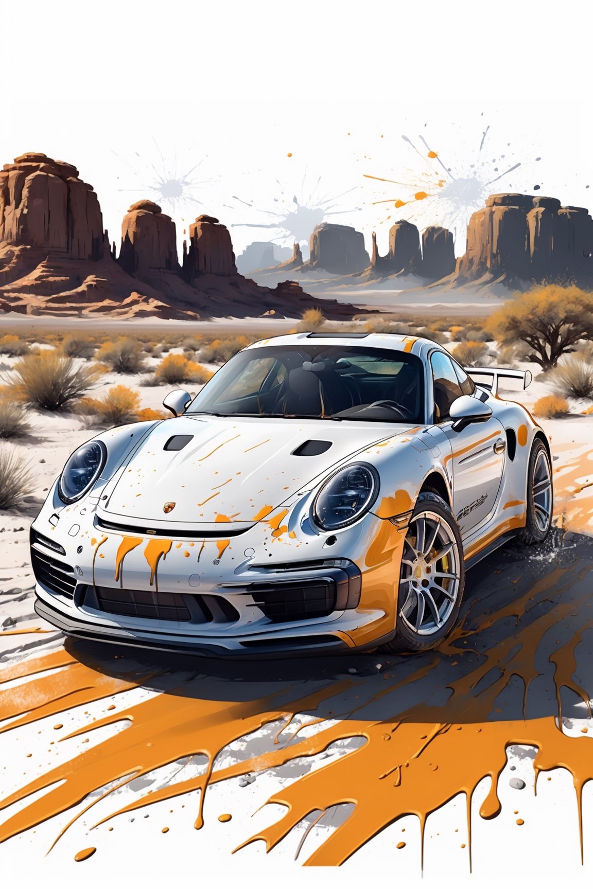 Centered image, bits of color, hand drawn, realistic sketch, Rough sketch, bold lines, splash art, Artwork design, white background, vehicle Porsche , desert, sunrise, flat illustration, high contrast, vibrant vector, vector image, 8k,dripping paint