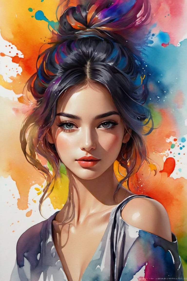 Colorful beautiful woman, a woman 18-years old, multiple color messy hair, watercolor, nice perfect face, multiple colors, intricate detail, splash screen, 8k resolution, masterpiece, cute face,art station digital painting smooth veryBlack ink flow, 8k resolution photorealistic masterpiece, intricately detailed fluid gouache painting, calligraphy, acrylic, watercolor art, professional photography, natural lighting, volumetric lighting maximalist, complex, elegant, expansive, fantastical,dfdd