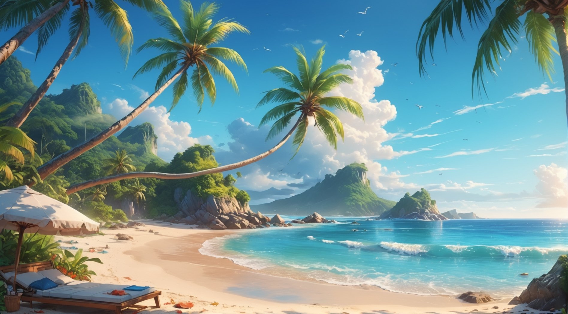 (fulldetail), (4k), 8k,beach, tropical, bright,background art, relaxing concept art, immensely detailed scene, a beautiful artwork illustration, EpicSky,