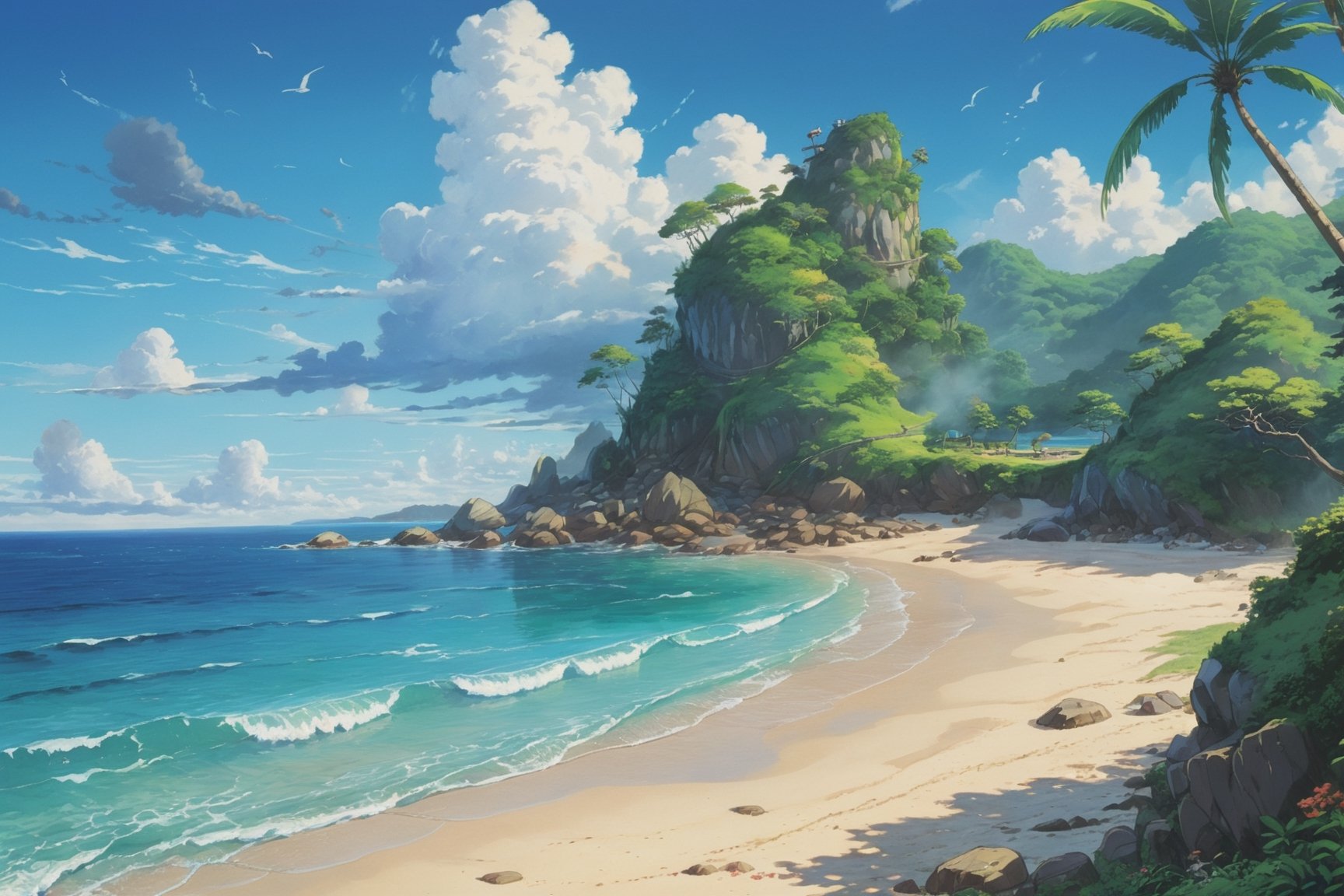 painting of beach, tropical, bright, anime background art, relaxing concept art, anime scenery concept art, immensely detailed scene, a beautiful artwork illustration, detailed scenery, studio ghibli environment, environment design illustration, highly detailed scene, beautiful anime scene, anime scenery, detailed soft painting, ghibli studio style, environment painting,EpicSky,