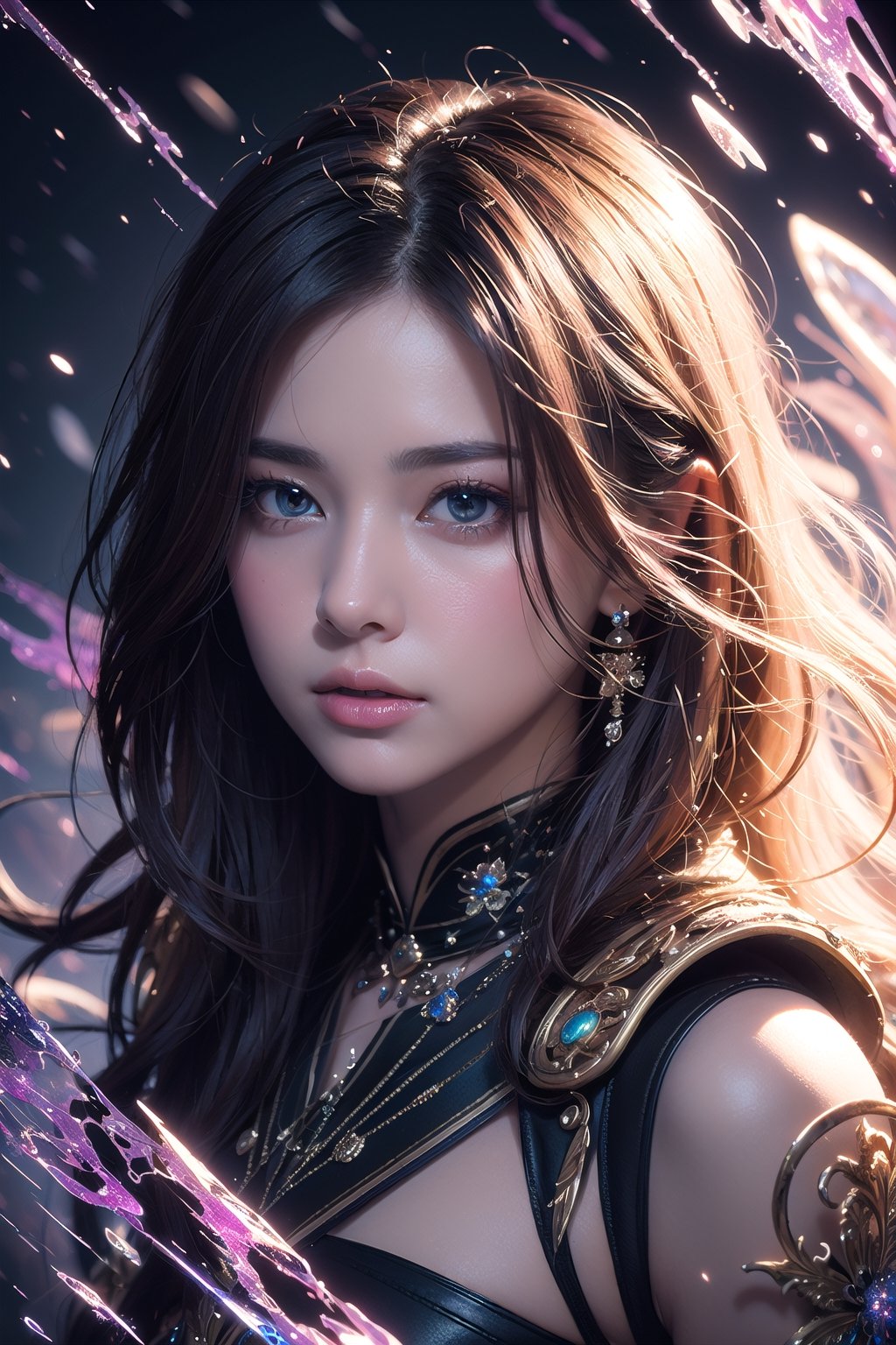 (masterpiece, top quality, best quality, official art, beautiful and aesthetic:1.2), (1girl), extreme detailed,(abstract, fractal art:1.3),colorful hair,highest detailed, detailed_eyes, light_particles, 
