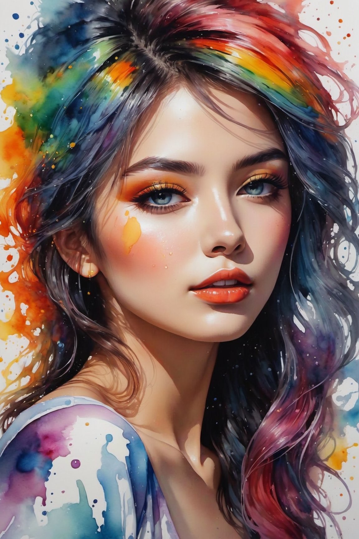 Colorful beautiful woman, a woman 18-years old, multiple color messy hair, watercolor, nice perfect face, multiple colors, intricate detail, splash screen, 8k resolution, masterpiece, cute face,art station digital painting smooth veryBlack ink flow, 8k resolution photorealistic masterpiece, intricately detailed fluid gouache painting, calligraphy, acrylic, watercolor art, professional photography, natural lighting, volumetric lighting maximalist, complex, elegant, expansive, fantastical,dfdd,Xxmix_Catecat,dripping paint,