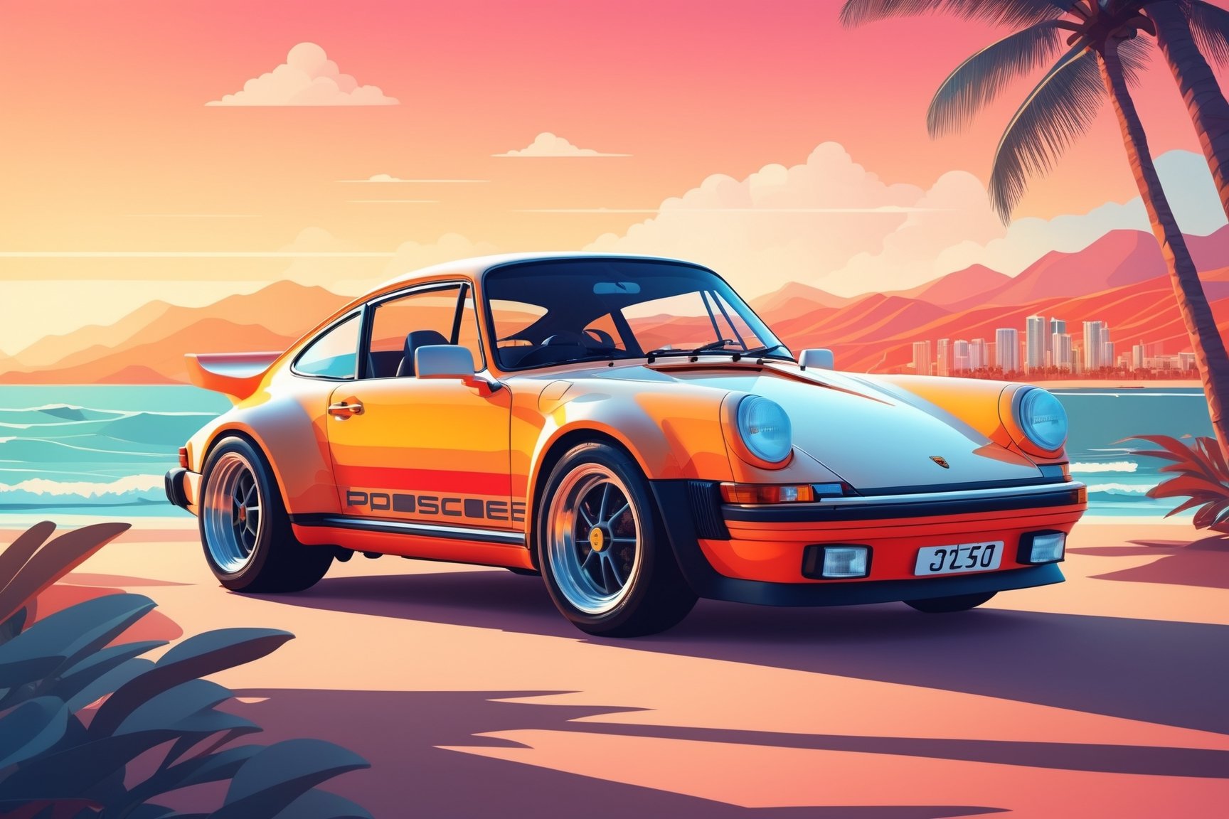 artwork graphic design, flat design of one retro ,retro car ,Porsche 930 car ,colorfull shades, highly detailed clean, photorealistic masterpiece, professional photography, sunrise beach backdrop ,flat white background, isometric, vibrant vector((city background))