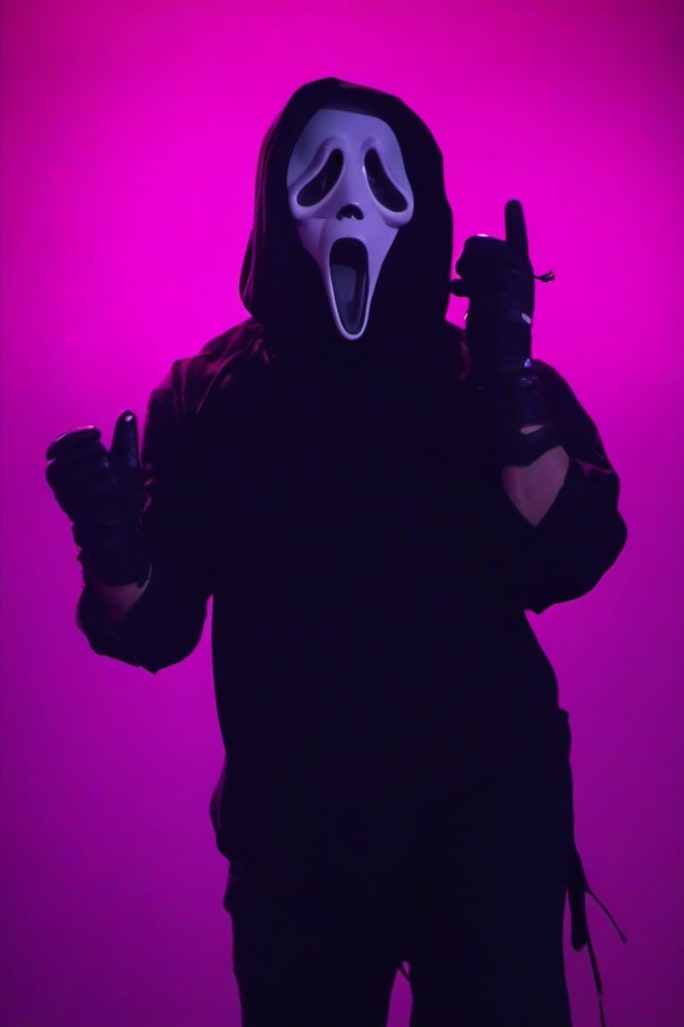 Ghostface, solo, open mouth, neon background, gloves, 1boy, male, black gloves, hood, mask, hood up, black border, black boots, on stage, audience, singing, mic in hand, full_body, 