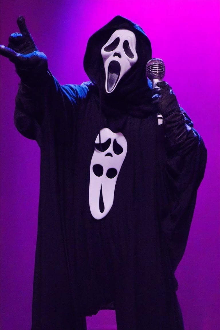 Ghostface, solo, open mouth, neon background, gloves, 1boy, male, black gloves, hood, mask, hood up, black border, black boots, on stage, audience, singing, mic in hand, full_body, 