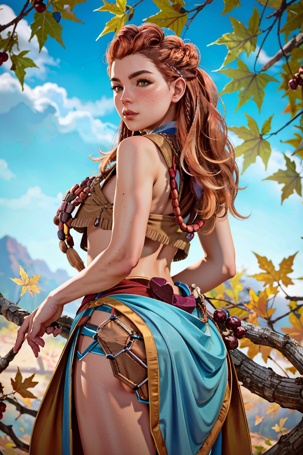 (masterpiece, best quality)1girl, AloyHorizon, solo, long hair, brown hair, brown eyes,  braid, cowboy shot, outdoors, sky, red hair, day, necklace, tree, blue sky, lips, looking to the side, realistic, branch, autumn leaves, tribal, multiple braids, sexy poses, curvy_figure, big tits, fat ass, naked , no_clothes