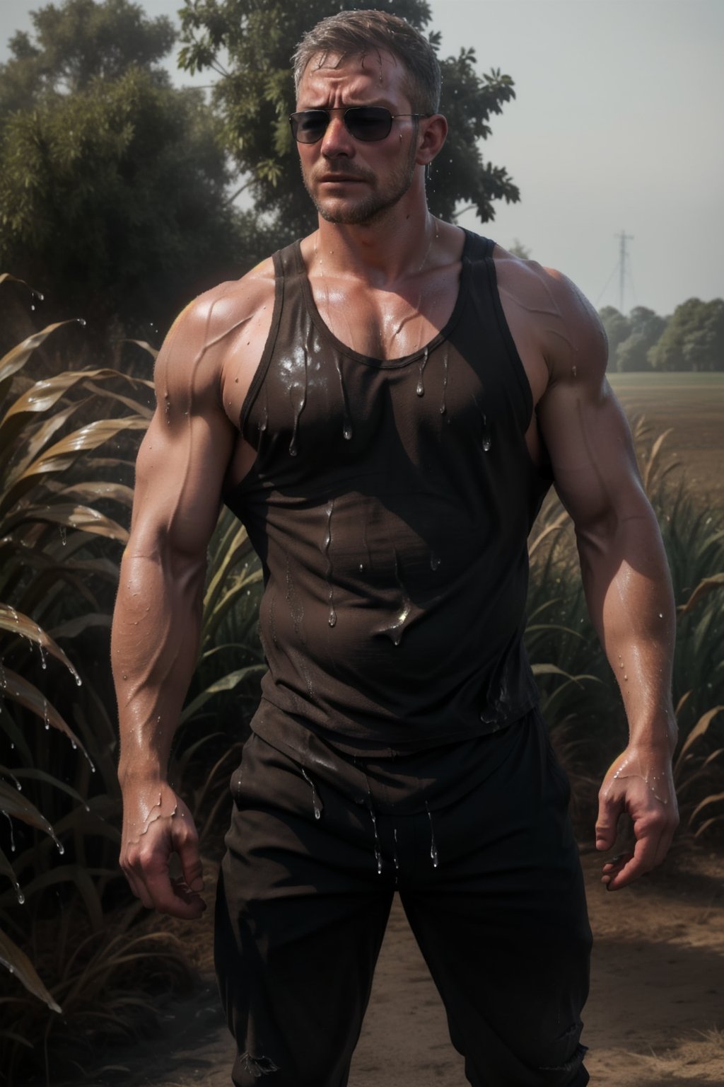 ((realistic)) ,55 years old, 185cm, 45kg, 10% body fats, handsome, man , tan_body, sunglasses, ((sweating)), farm, farmer, outdoor, white tank_top, pants, dark_skin, sleeping, mature, corn filed ,((sweat_drops)), sweat, tattoo on the right arm, body_hair, furry, wet_clothes, wet_body,dirty_body,chubby