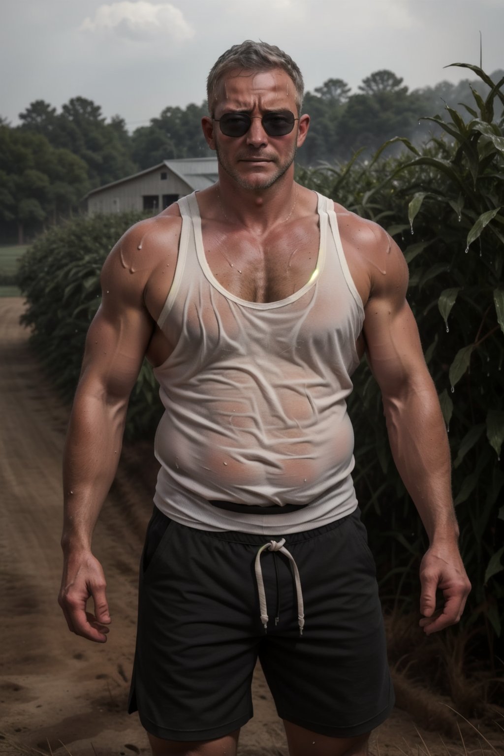 ((realistic)) ,55 years old, 185cm, 45kg, 10% body fats, handsome, man ,( tan_body), sunglasses, ((sweating)), farm, farmer, outdoor, (white tank_top), shorts, dark_skin, mature, corn filed ,body_hair, furry, wet_clothes, chubby, 