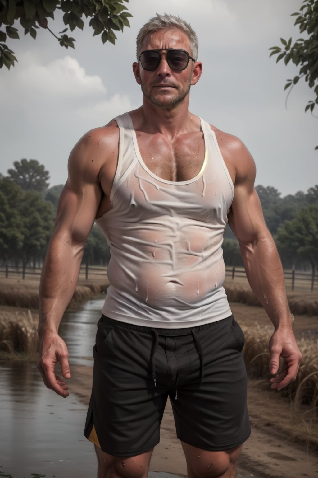 ((realistic)) ,65 years old, 185cm, 45kg, 10% body fats, handsome, man ,( tan_body), sunglasses, ((sweating)), farm, farmer, outdoor, (white tank_top), shorts, dark_skin, mature ,body_hair, furry, wet_clothes, chubby,erect_shorts