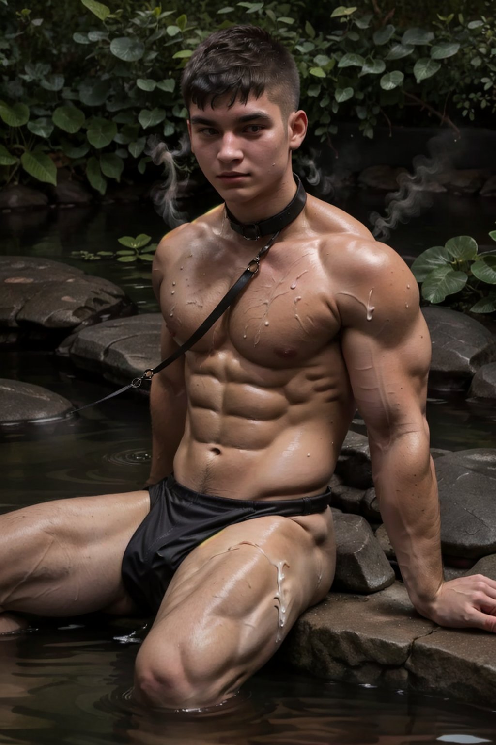 A 25-year-old man, 175cm, 75kg, with a physique boasting 15% body fat and a luscious coat of bushy body hair. He sits comfortably in the warm waters of a natural hot spring, his wide-set eyes gazing out into the distance as he wears a leash collar, adding an air of playful submission to his relaxed demeanor. His upper body is fully immersed in the water, (((only upper body))), (((hot steam)))