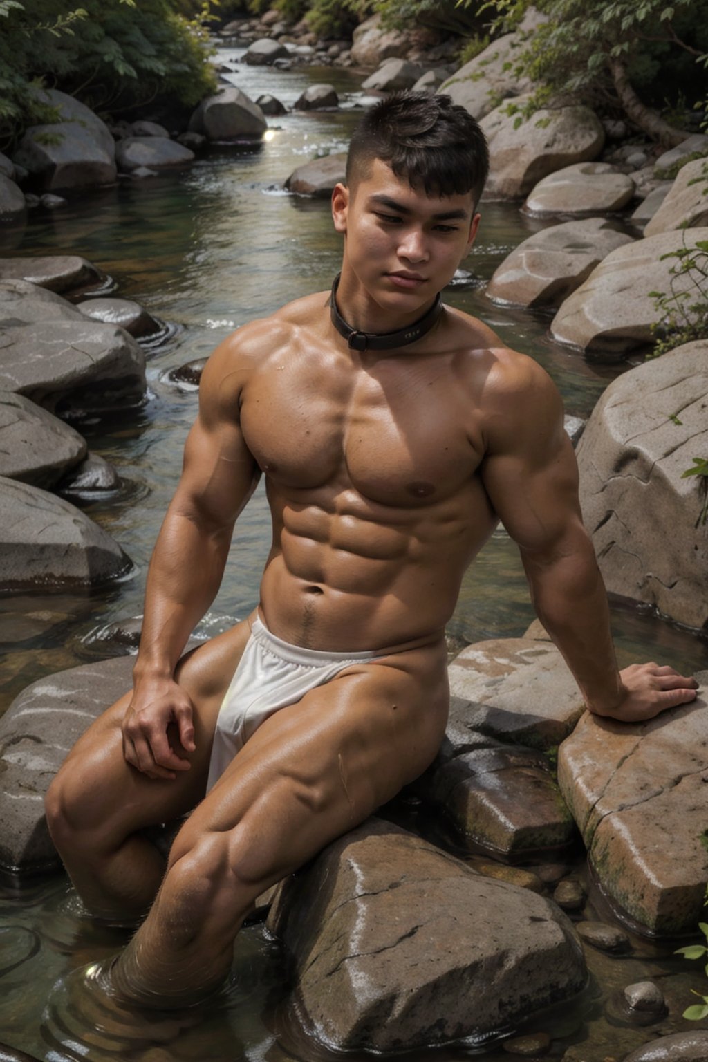 A young man, 175cm tall and 75kg weight, with 15% body fat, sit on a rocky river, his bushy body hair glistening in the sunlight. The wide-angle shot captures the serene outdoors setting, with the man's tan lower body in the water as he emerged into the current. His brown skin glistens, and his slightly chubby physique adds to his handsomeness. A collar adorn his neck, adding an air of ruggedness to the scene.