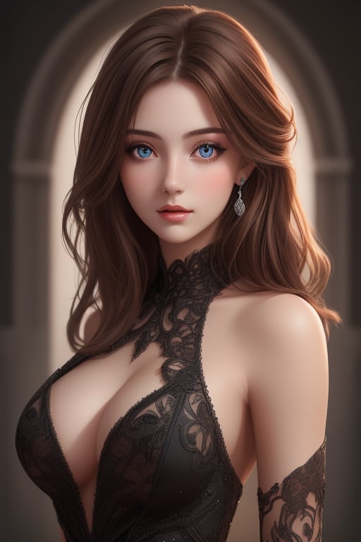 8k portrait of beautiful girl with brown hair, intricate, elegant, highly detailed, majestic, detailed beautiful eyes, sexy and elegant black dress