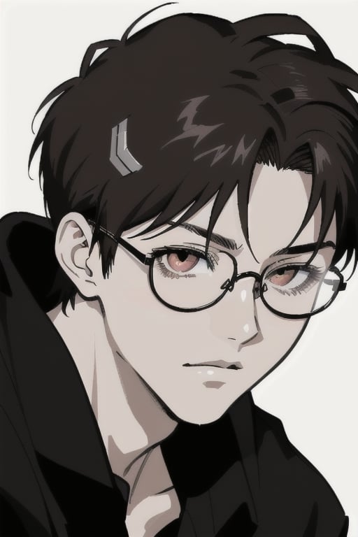 Manga style. Black and white with bright brown eyes. Clean lines. Neon genesis evangelion style. Black Boy. Glasses reflecting light.
