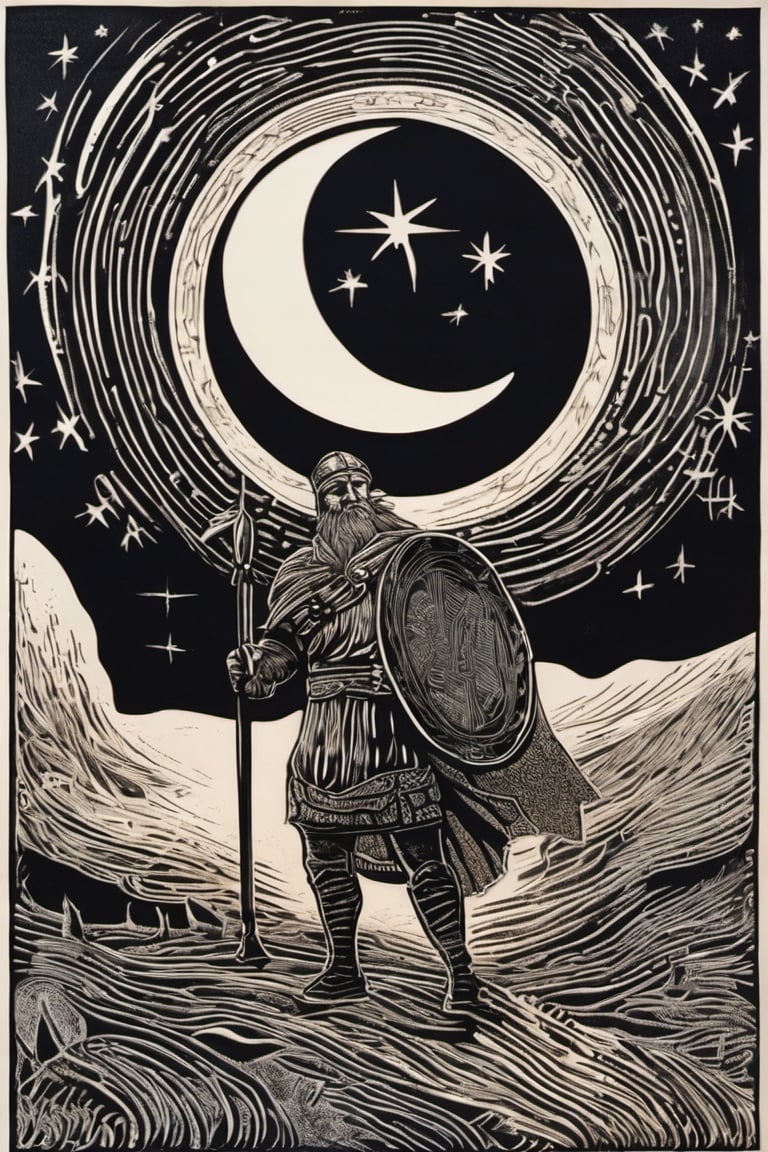 an award winning linocut engraving on paper of viking in the moon