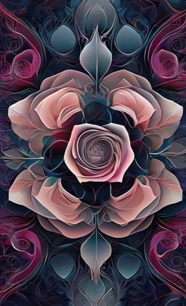 A mesmerizing still image capturing an intricately designed patten. The pattern, with its symmetrical arrangement and vibrant colors, creates a visually striking composition. The environment portrayed in the scene is a fantastical realm where the patterns seem to exist in their own harmonious universe. The chosen image style for this concept is a rose-inspired artwork, with its delicate strokes and ethereal atmosphere.
