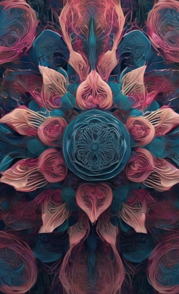 A mesmerizing still image capturing an intricately designed patten. The pattern, with its symmetrical arrangement and vibrant colors, creates a visually striking composition. The environment portrayed in the scene is a fantastical realm where the patterns seem to exist in their own harmonious universe. The chosen image style for this concept is a rose-inspired artwork, with its delicate strokes and ethereal atmosphere.
