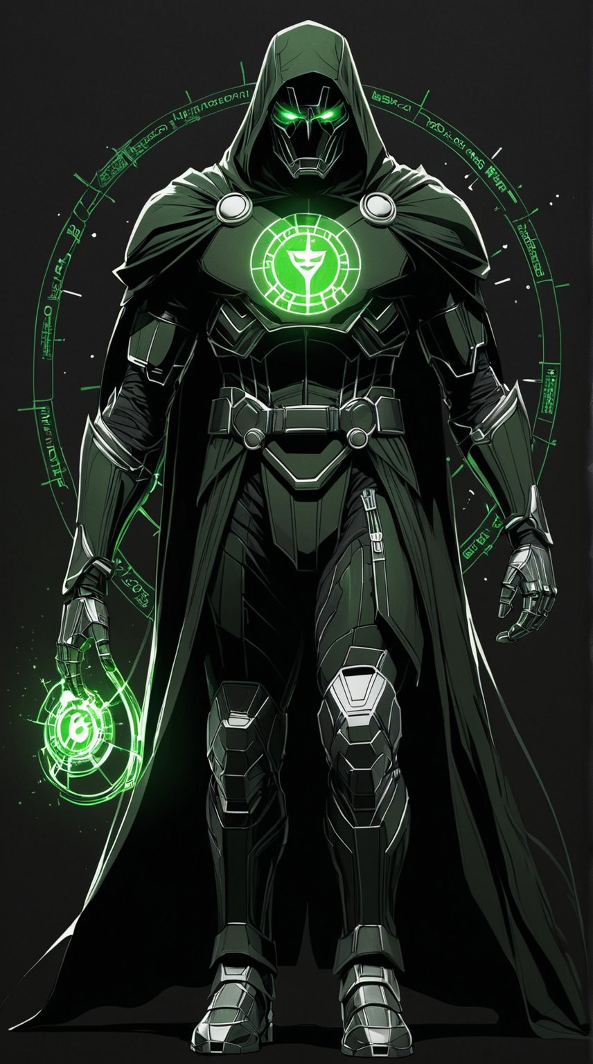 A stunning conceptual art piece featuring Dr. Victor von Doom, drawn with precision using white ink on black paper. The anime-inspired design showcases Dr. Victor von Doom's intricate armor with glowing GREEN energy details. The background is minimalistic, with a touch of typography that adds depth and dimension to the piece. The overall composition creates a striking balance between the white and black elements, immersing the viewer in a futuristic and conceptual world., anime, photo, typography, conceptual art