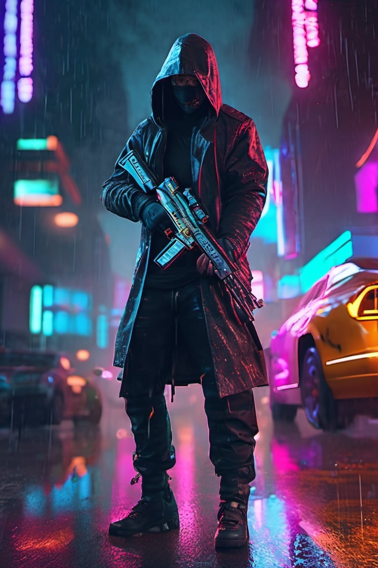 Futeristic cyberpunk masked assassin, shooting gun, heavy rain, neon lights, hyper realistic, unreal engine