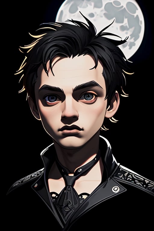 illustration, 2D, ((black background :1, 5)), vector, vivid colors, chibi gamer outfit character, masterpiece, best quality, intricate details, perfect symmetrical face, realistic details, gothic theme, rim light, moonlight, cinematic shading, Greg Rutkowisk,BOY