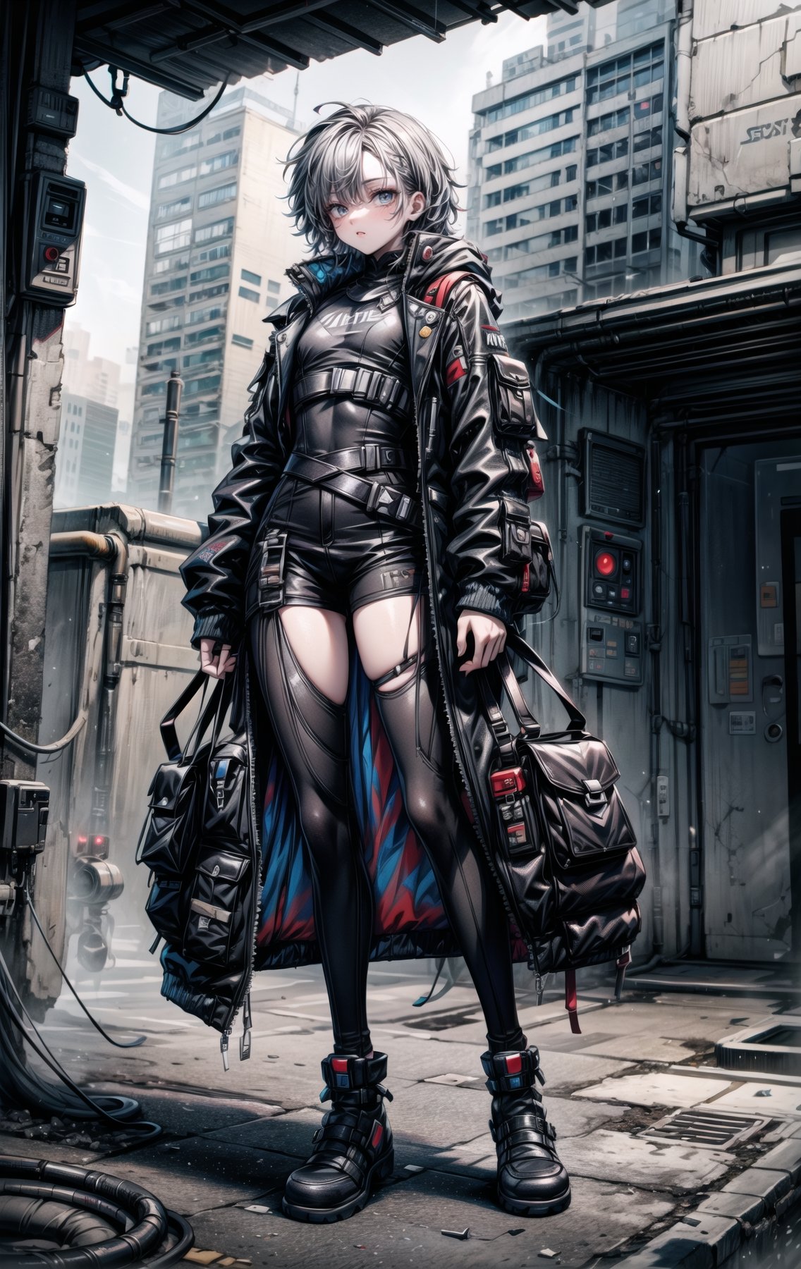 full body photo of a cyberpunk black 18-year-old man wearing dark draped clothing, cool pallet, epic, scifi, retrofuturist, star wars type clothing, graphic art, drawn