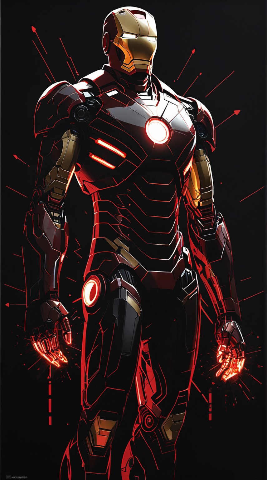 A stunning conceptual art piece featuring Iron Man, drawn with precision using white ink on black paper. The anime-inspired design showcases Iron Man's intricate armor with glowing red energy details. The background is minimalistic, with a touch of typography that adds depth and dimension to the piece. The overall composition creates a striking balance between the white and black elements, immersing the viewer in a futuristic and conceptual world.(ADD NO TEXT), anime, photo, typography, conceptual art
