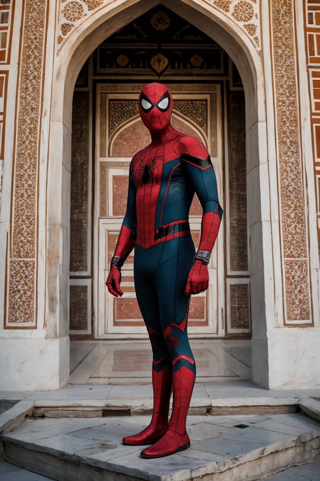 Spider-Man in font of taj mahal , cybernetic , real life