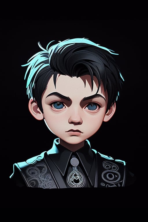 illustration, 2D, ((black background :1, 5)), vector, vivid colors, chibi gamer outfit character, masterpiece, best quality, intricate details, perfect symmetrical face, realistic details, gothic theme, rim light, moonlight, cinematic shading, Greg Rutkowisk,BOY