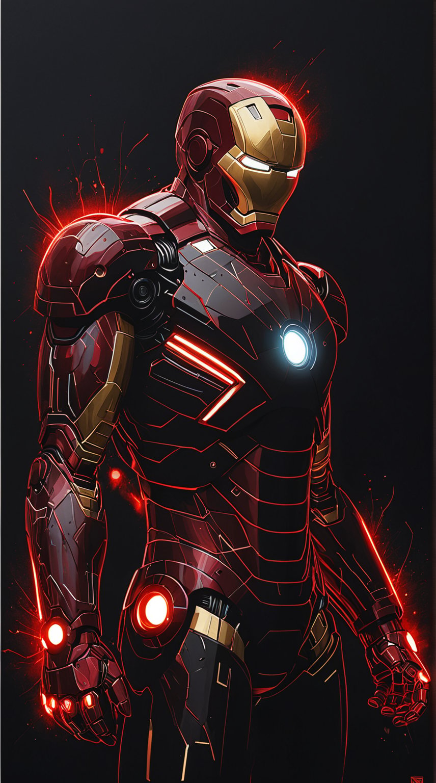 A stunning conceptual art piece featuring Iron Man, drawn with precision using white ink on black paper. The anime-inspired design showcases Iron Man's intricate armor with glowing red energy details. The background is minimalistic, with a touch of typography that adds depth and dimension to the piece. The overall composition creates a striking balance between the white and black elements, immersing the viewer in a futuristic and conceptual world.(ADD NO TEXT), anime, photo, typography, conceptual art