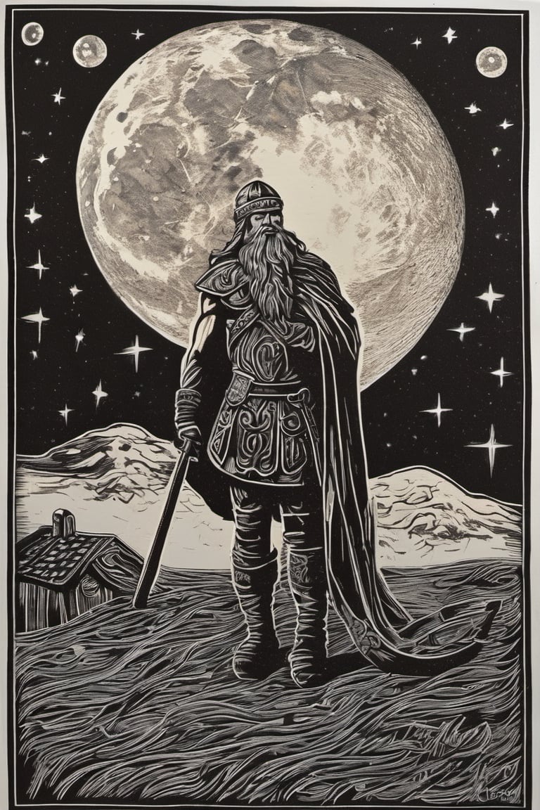 an award winning linocut engraving on paper of viking in the moon