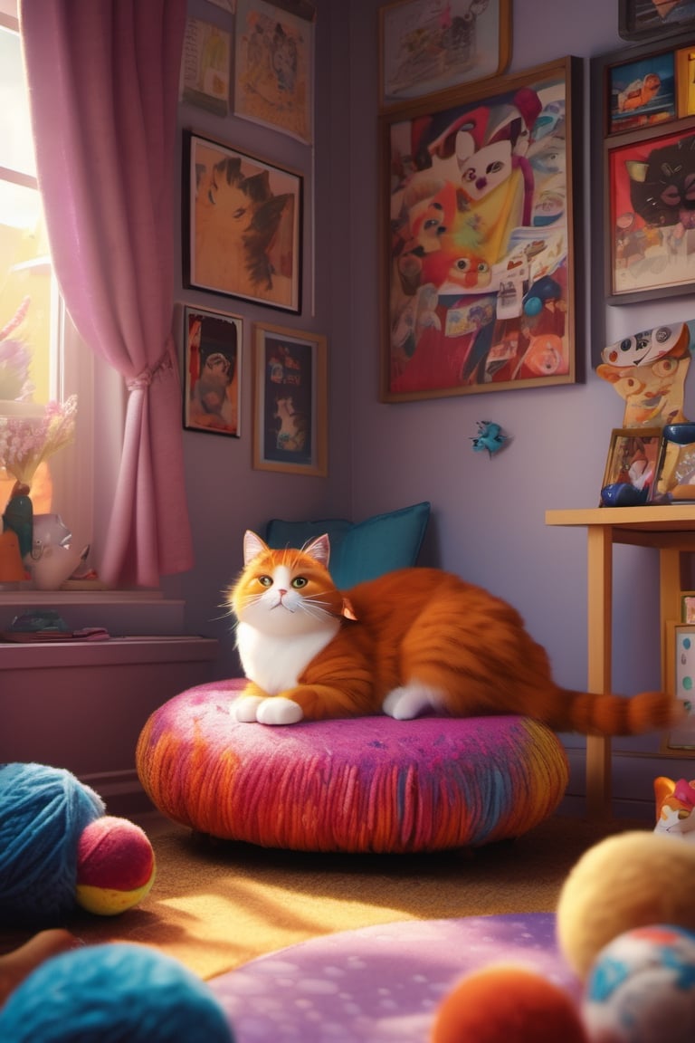  kemineko, a playful and mischievous cat, sits atop a plush cushion in a cozy corner of a sunlit room filled with toys and colorful yarn balls. The room is adorned with vibrant posters of famous feline characters, and a whimsical mobile dangles from the ceiling, featuring miniature cat-shaped clouds. The Pixar 3D style brings the scene to life, capturing the furry textures of kemineko's fur and the vibrant details of the room.