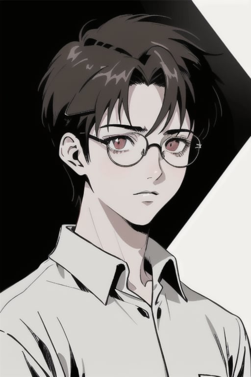 Manga style. Black and white with bright brown eyes. Clean lines. Neon genesis evangelion style. Black Boy. Glasses reflecting light.
