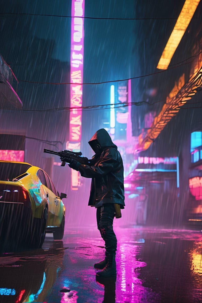 Futeristic cyberpunk masked assassin, shooting gun, heavy rain, neon lights, hyper realistic, unreal engine