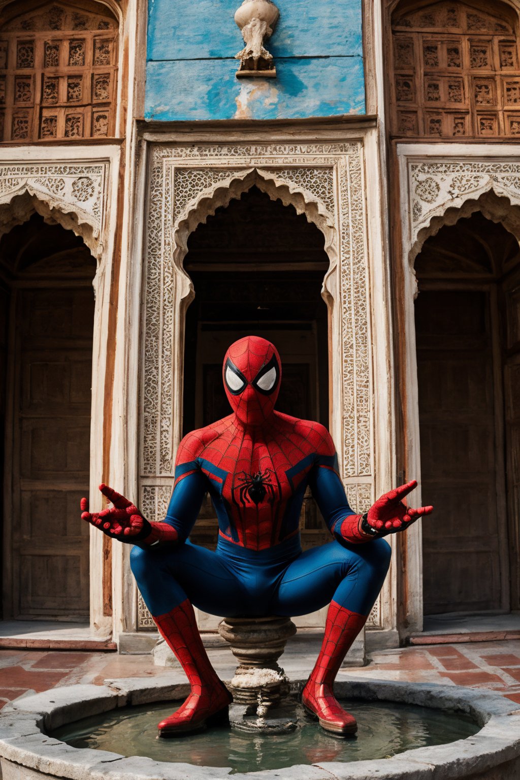 Spider-Man in font of taj mahal , cybernetic , real life , neon_genesis_evangelion,